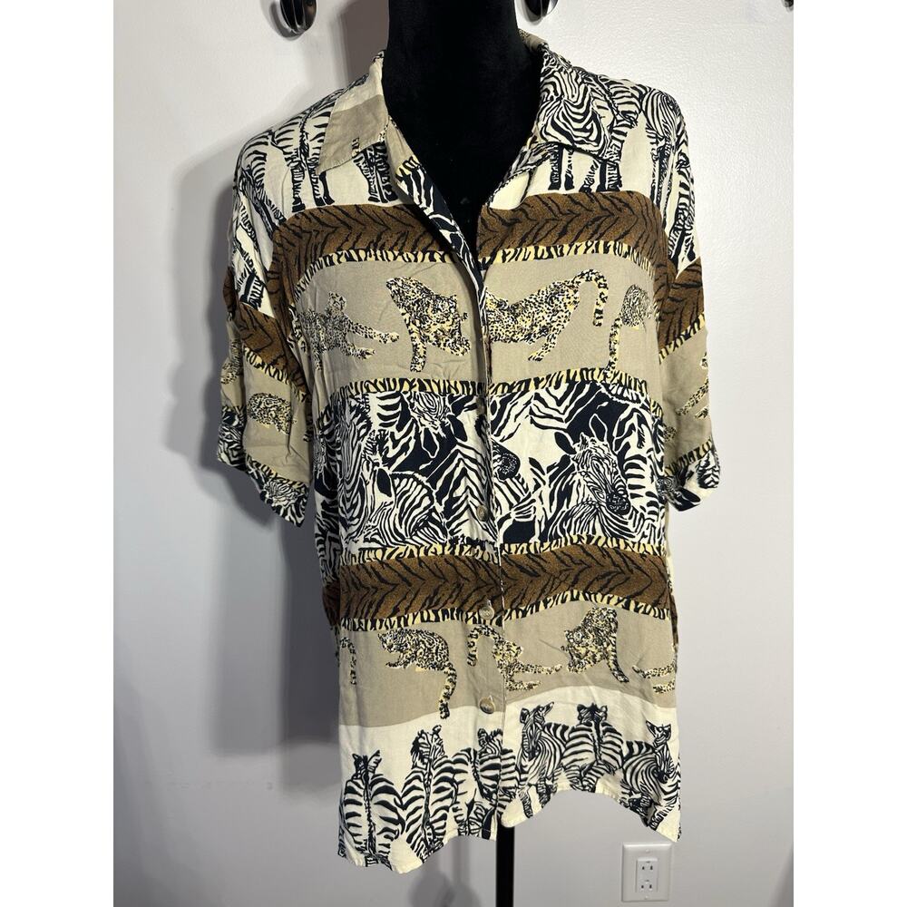 Zebra Leopard Button Down Shirt Womens 2X Animal Safari Novelty Print Vintage